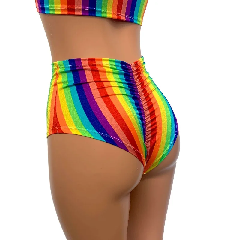 High Waist Scrunch Bikini Hot Pants - Rainbow Vertical Stripe