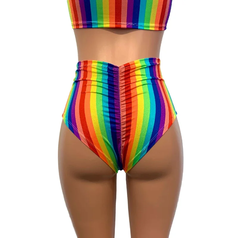 High Waist Scrunch Bikini Hot Pants - Rainbow Vertical Stripe