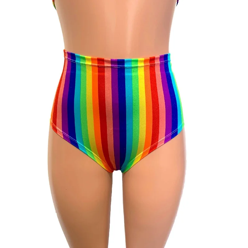 High Waist Scrunch Bikini Hot Pants - Rainbow Vertical Stripe