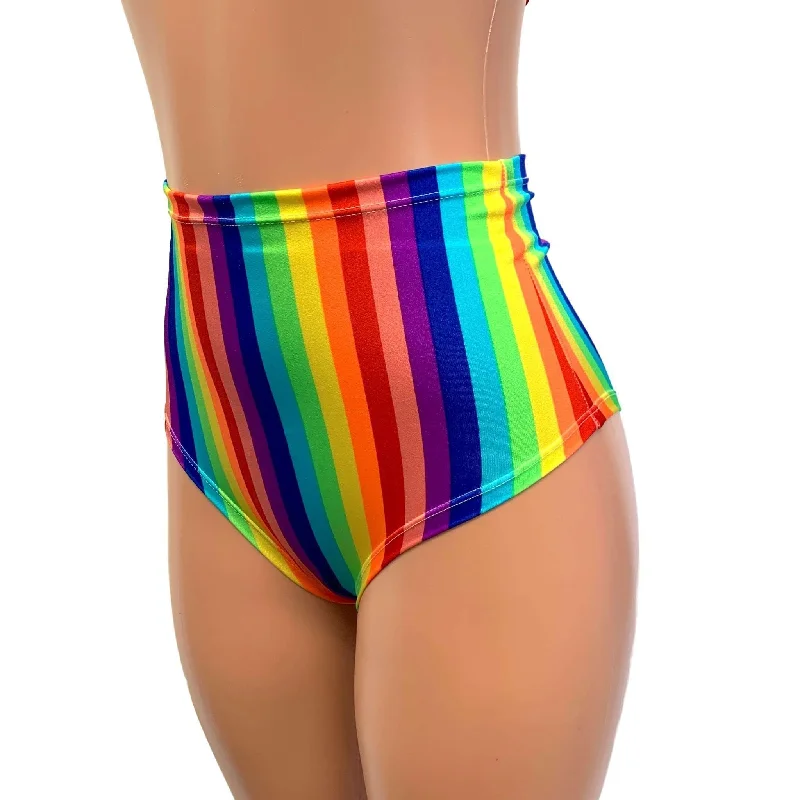 High Waist Scrunch Bikini Hot Pants - Rainbow Vertical Stripe