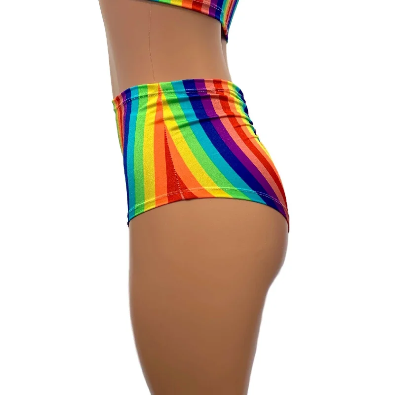 High Waist Scrunch Bikini Hot Pants - Rainbow Vertical Stripe