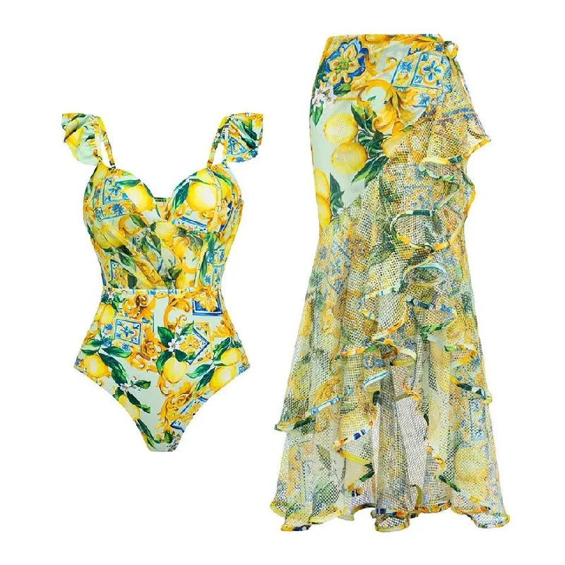 Lemon Spritzer Swimsuit with Ruffled Skirt