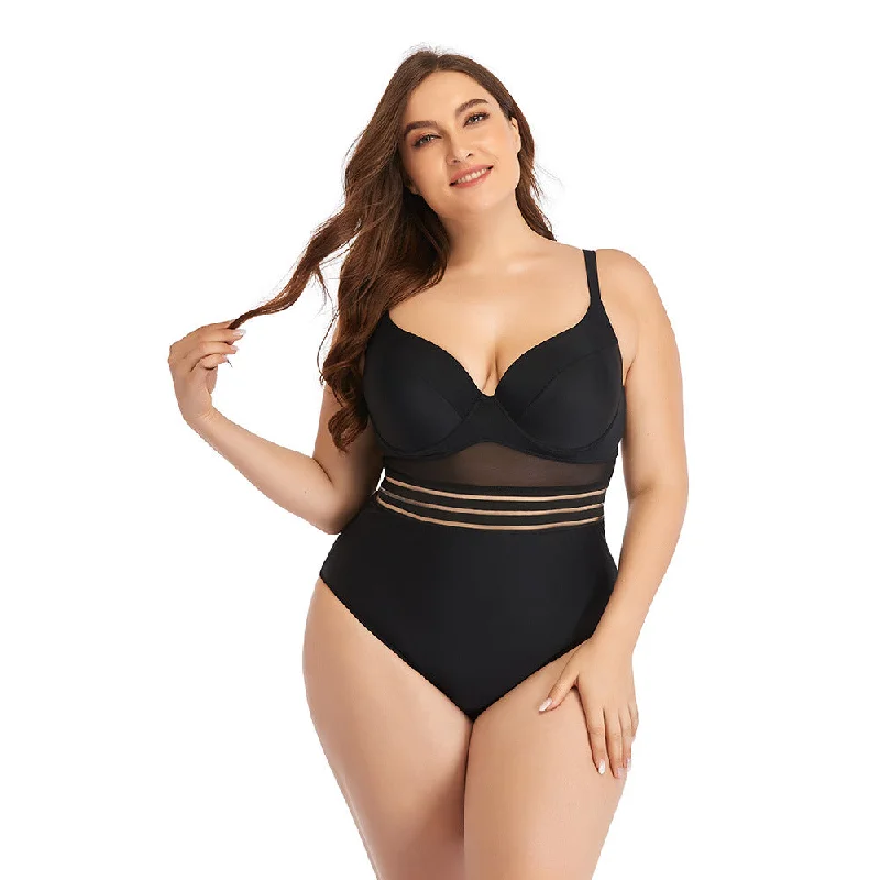 Plus Size One-Piece Mesh Hollow Out Cutout Plain Bikini Swimsuit