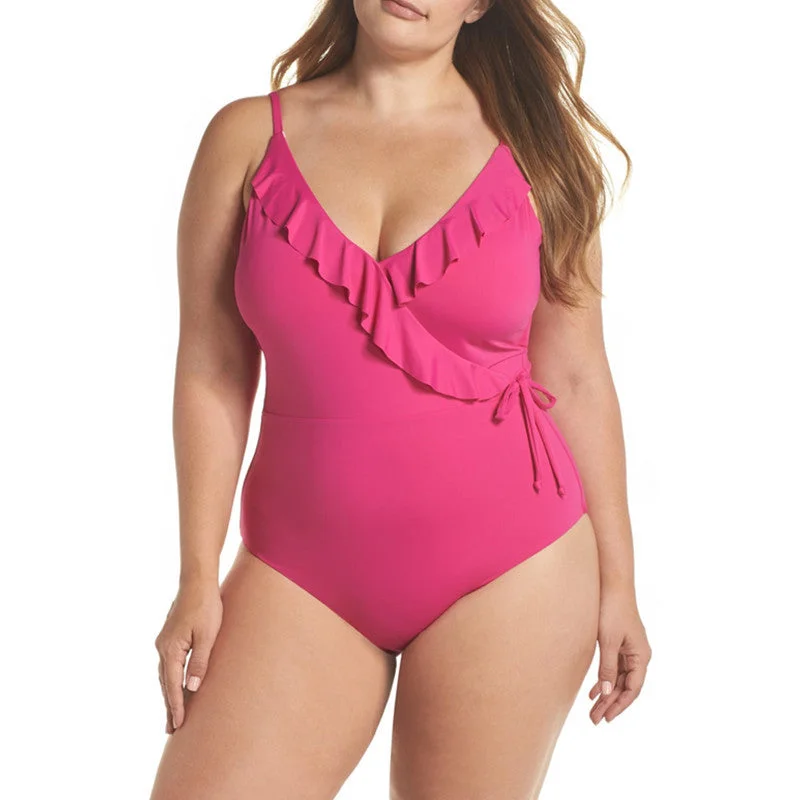 Plus Size Swimwear Solid Color Cross Flounce Woman Bikini One Piece Swimsuit