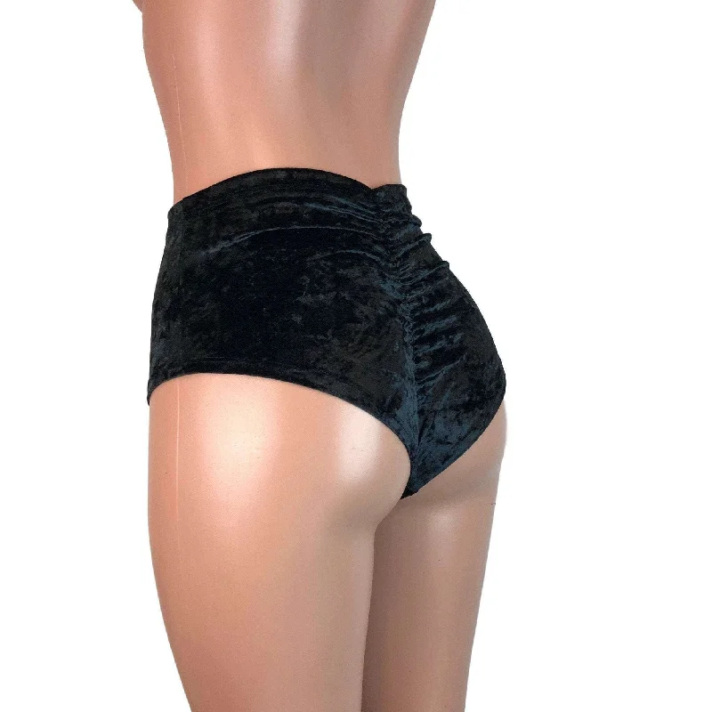 High Waist Scrunch Bikini Hot Pants - Black Crushed Velvet