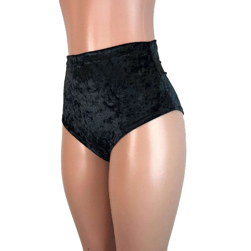 High Waist Scrunch Bikini Hot Pants - Black Crushed Velvet