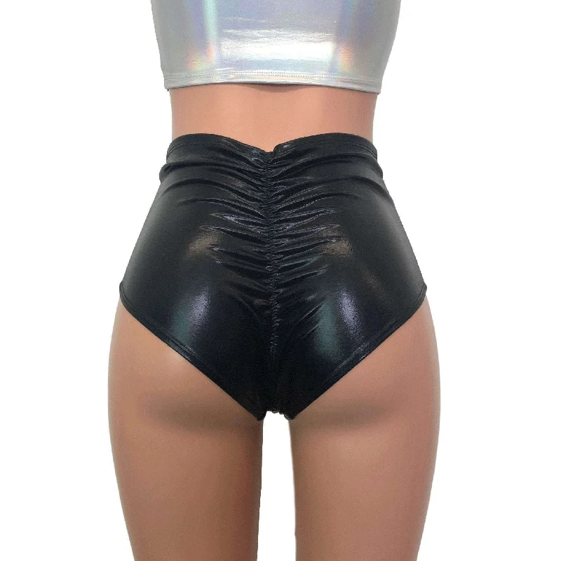 High Waist Scrunch Bikini Hot Pants - Black Metallic ""Wet Look""