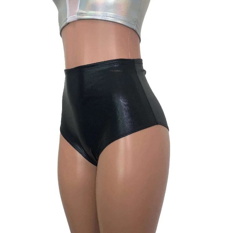 High Waist Scrunch Bikini Hot Pants - Black Metallic ""Wet Look""