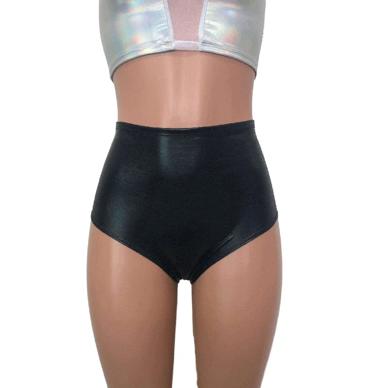 High Waist Scrunch Bikini Hot Pants - Black Metallic ""Wet Look""