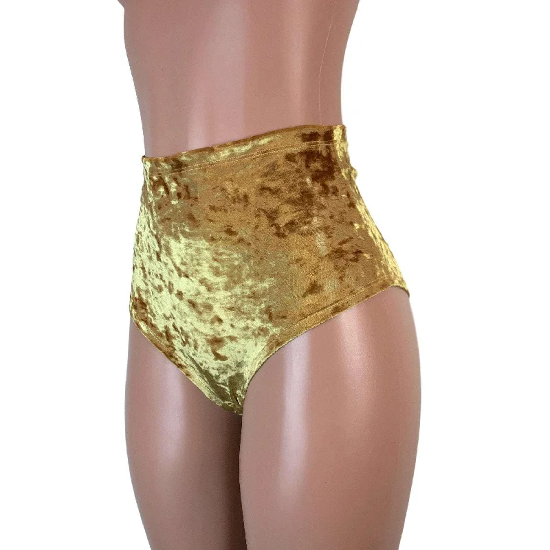 High Waist Scrunch Bikini Hot Pants - Gold Crushed Velvet