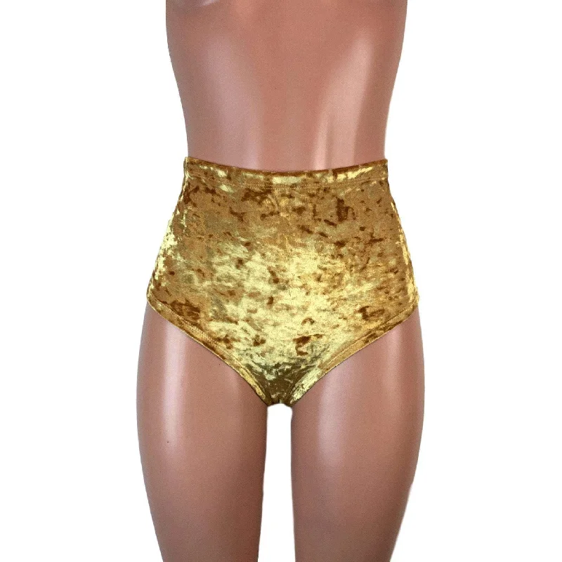 High Waist Scrunch Bikini Hot Pants - Gold Crushed Velvet