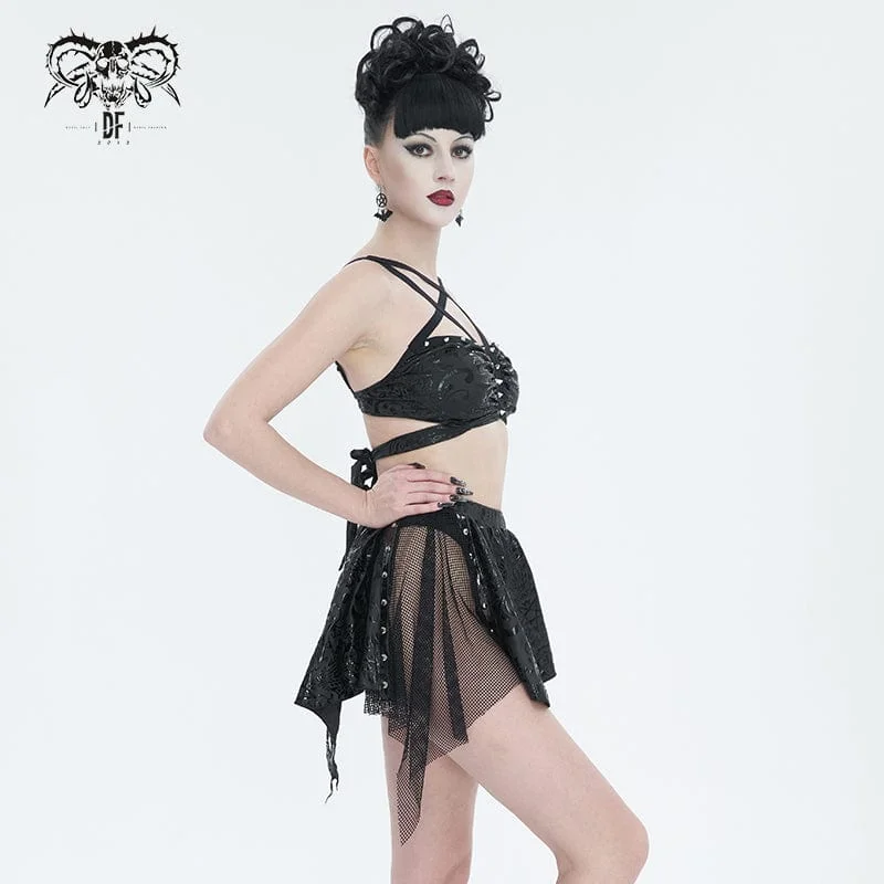 Women's Gothic Irregular Studded Mesh Splice Swimsuit