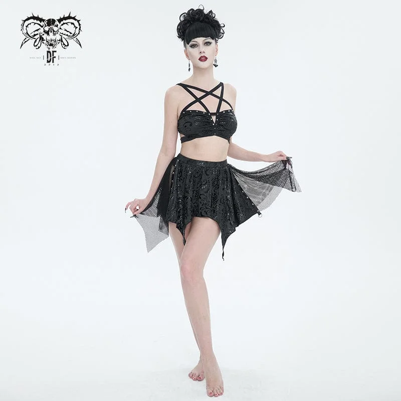 Women's Gothic Irregular Studded Mesh Splice Swimsuit