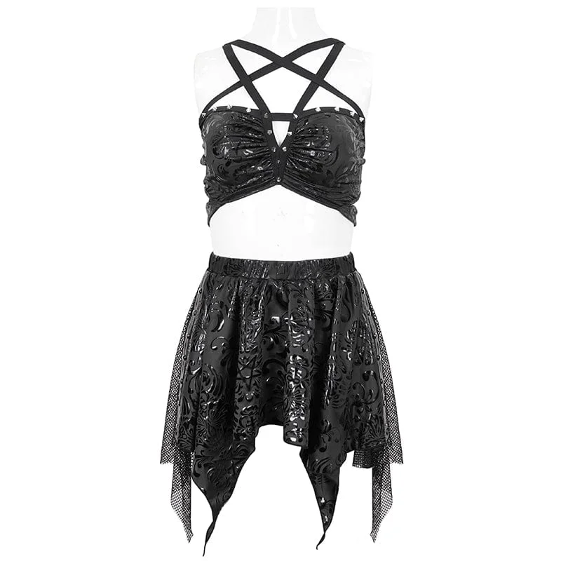 Women's Gothic Irregular Studded Mesh Splice Swimsuit