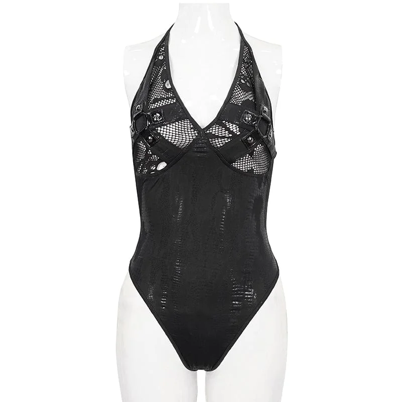 Women's Gothic Plunging Skull Mesh Splice Swimsuit