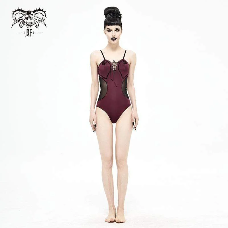 Women's Gothic Wine Red One Piece Cutout Swimsuit with Black Straps