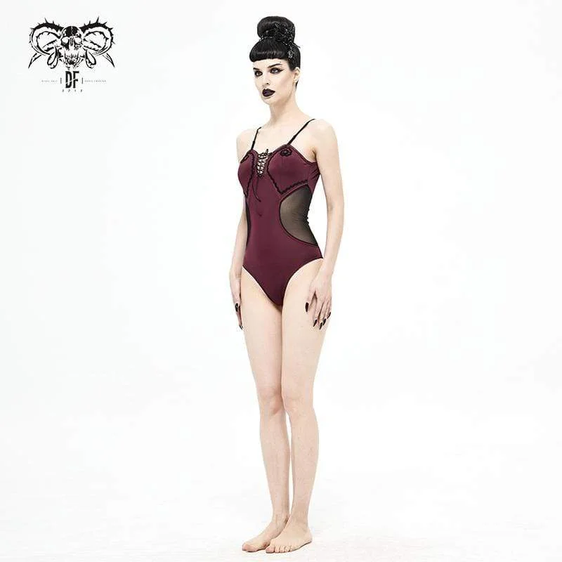 Women's Gothic Wine Red One Piece Cutout Swimsuit with Black Straps