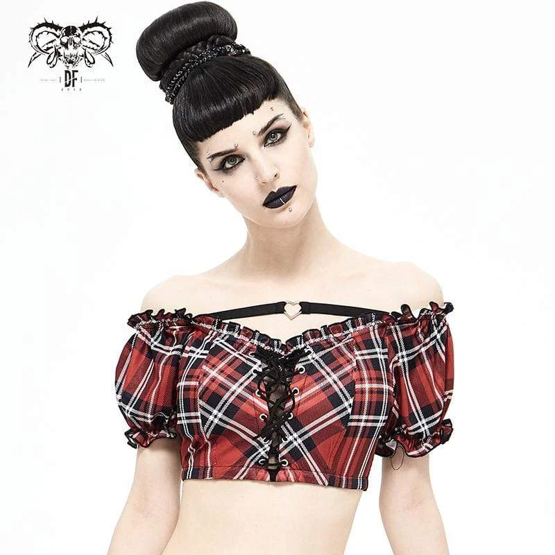 Women's Grunge Red Scottish Check Lace Longline Swim Top