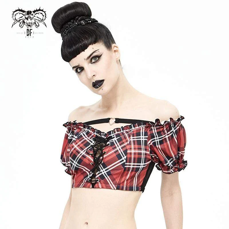 Women's Grunge Red Scottish Check Lace Longline Swim Top