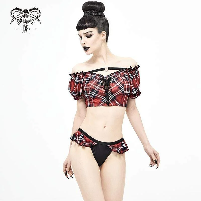 Women's Grunge Red Scottish Check Lace Longline Swim Top