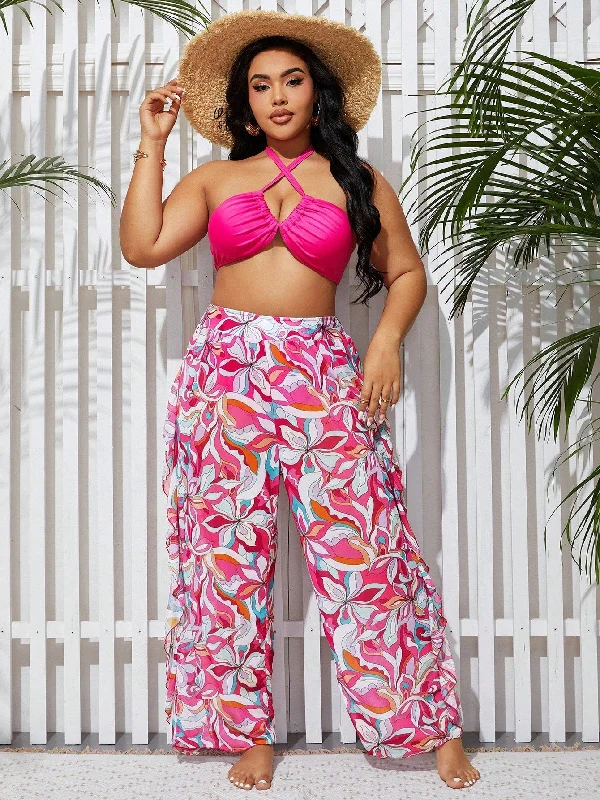 Women's Plus Size Printed Swimwear Set, Bikini Swimsuit With Cover Up Pants Bathing Suit Beach Outfit Summer Vacation