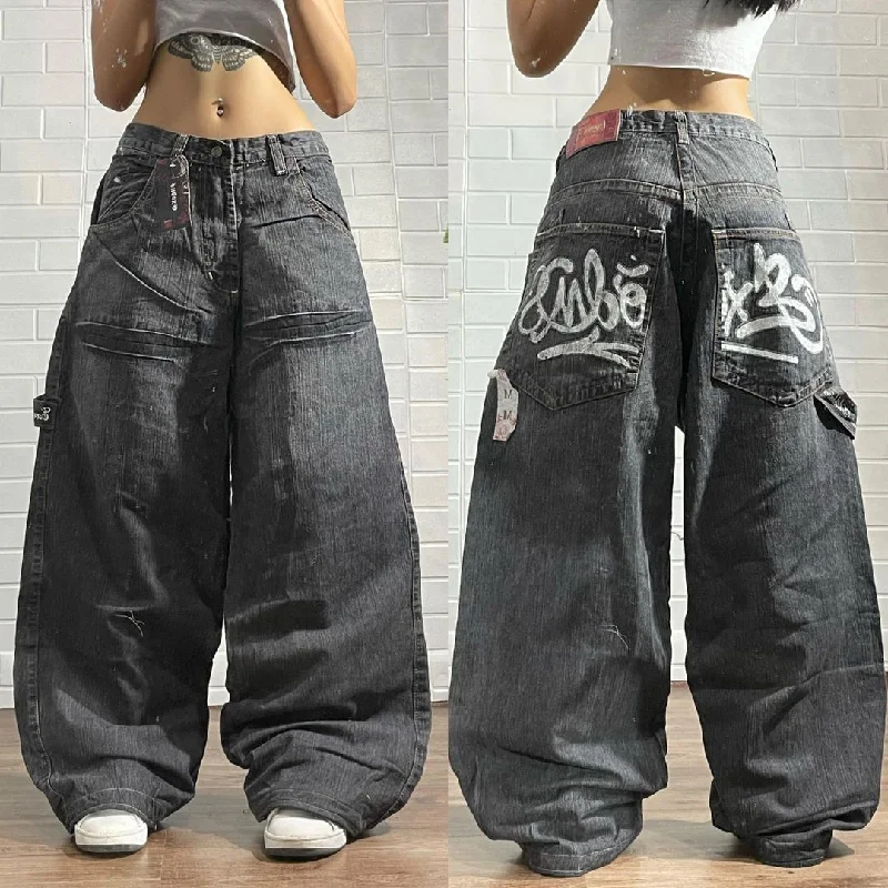 Getadme Anime Graffiti embroidery Retro High Waist Wide Leg Jeans Women High Street Straight Loose Casual Mopping Denim Trousers