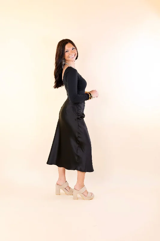 Bubbly And Blissful Satin Midi Skirt in Black