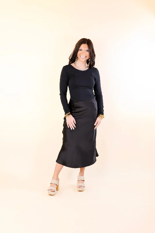 Bubbly And Blissful Satin Midi Skirt in Black