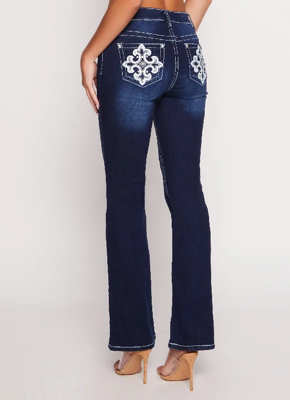 WAX Rhinestone Pocket Detail Flare Jeans