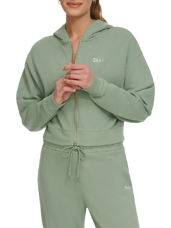 Dkny Women Green Solid Hooded Full Sleeves Zipped Sweatshirt