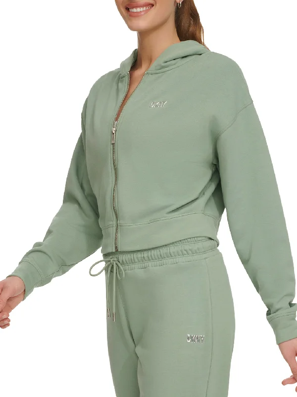 Dkny Women Green Solid Hooded Full Sleeves Zipped Sweatshirt