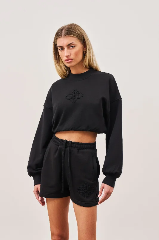 EMBLEM APPLIQUE CROP SWEATSHIRT - BLACK