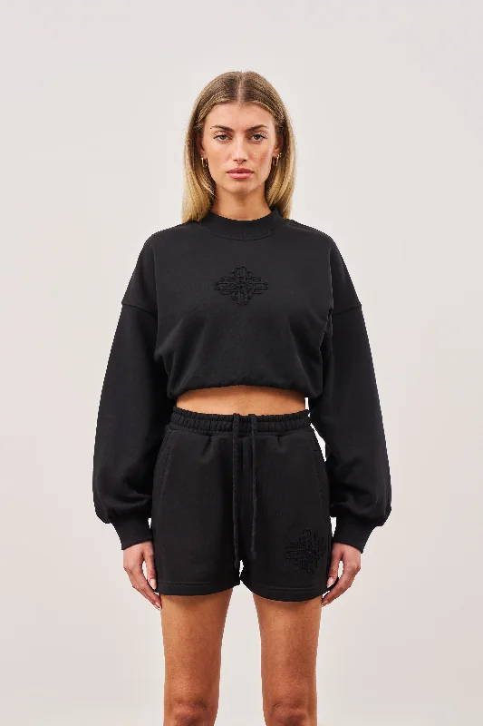 EMBLEM APPLIQUE CROP SWEATSHIRT - BLACK