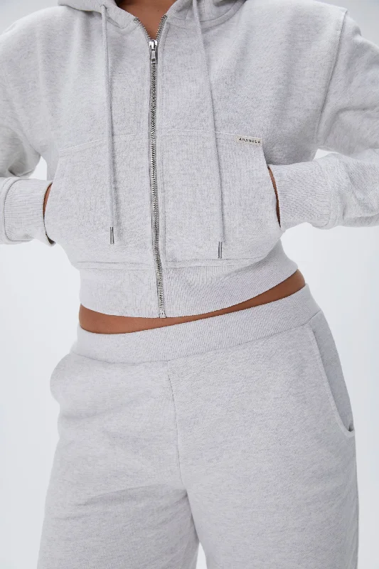 Full Zip Crop Hoodie - Light Grey Melange