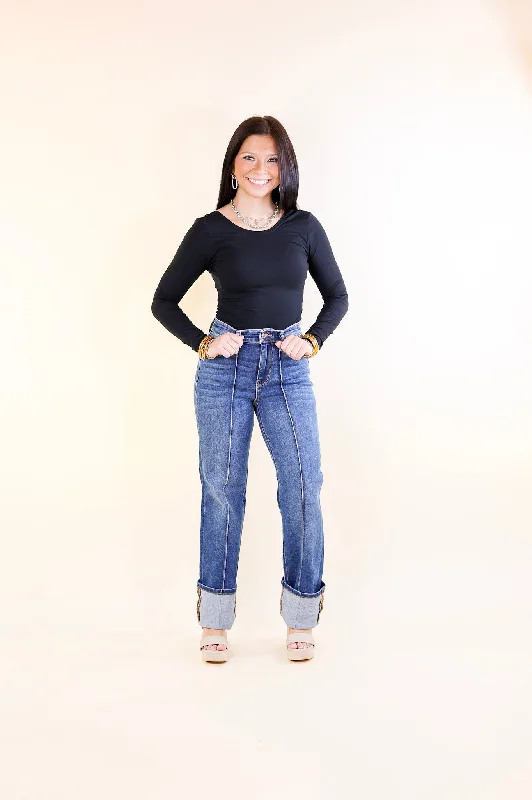 Judy Blue | Elevated Line High Waisted Straight Leg Jean with Seam Detail in Medium Wash