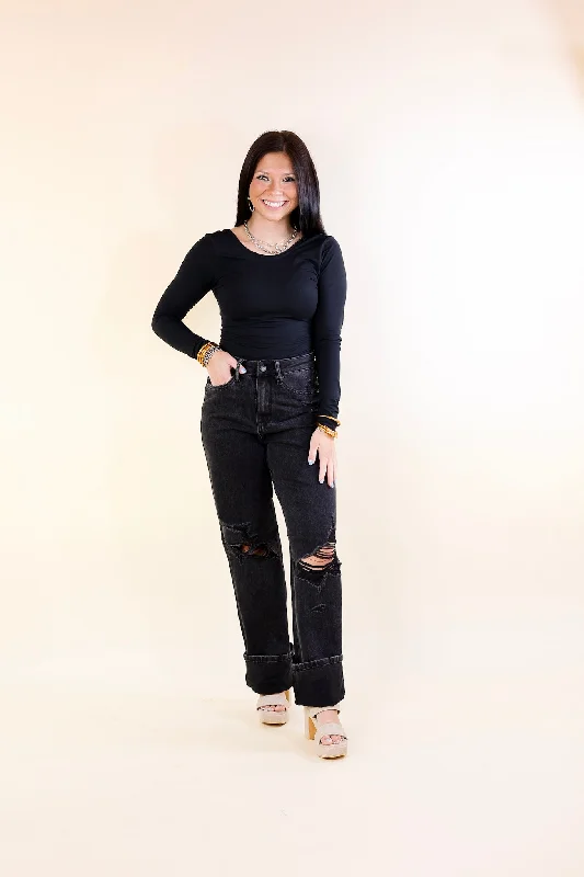 Judy Blue | Vintage Edge Rigid Magic 90's Straight Leg Jean with Destroyed Knee in Black