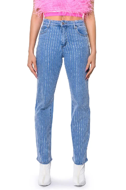 KICK BACK PINSTRIPE RHINESTONE WIDE LEG JEANS