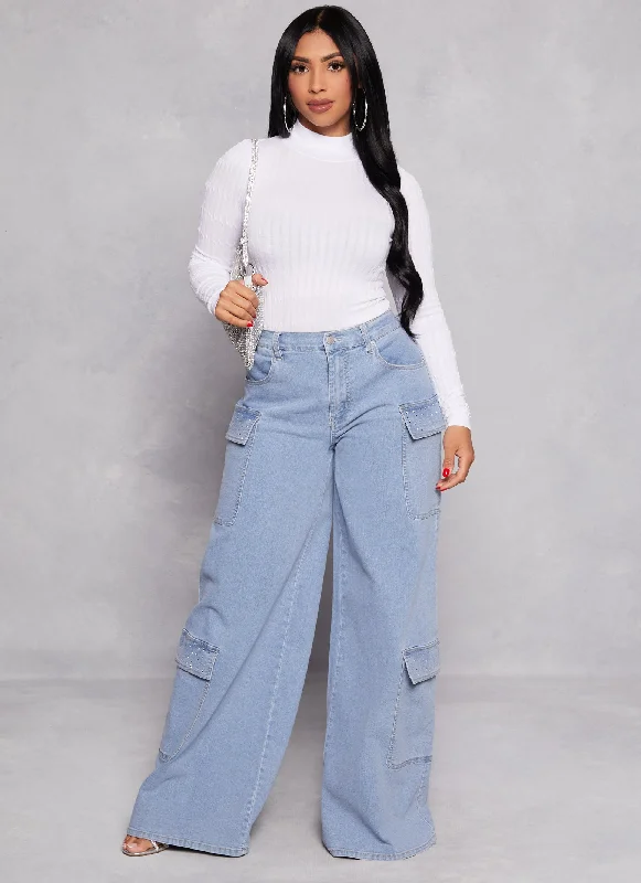 Almost Famous Rhinestone Detail Wide Leg Cargo Jeans