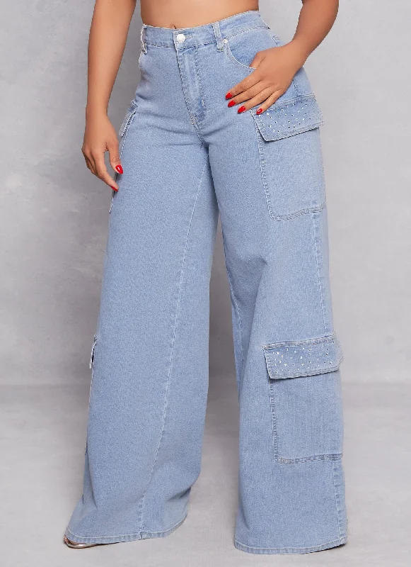 Almost Famous Rhinestone Detail Wide Leg Cargo Jeans