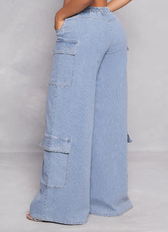 Almost Famous Rhinestone Detail Wide Leg Cargo Jeans