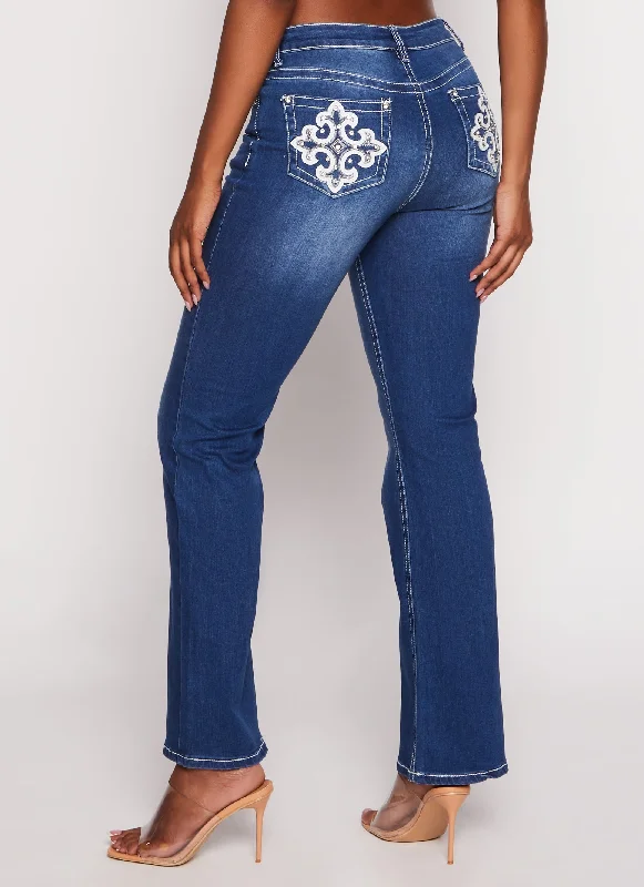 WAX Rhinestone Pocket Detail Flare Jeans