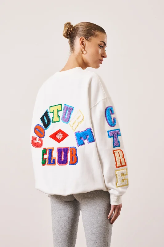 MULTIBADGED CHENILLE RELAXED SWEATSHIRT - OFF WHITE