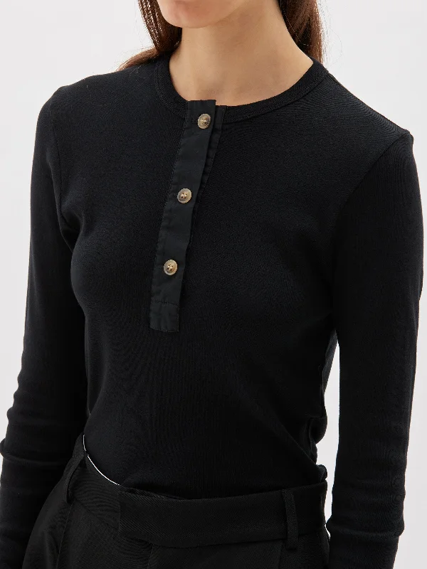 rib contrast placket long sleeve t.shirt