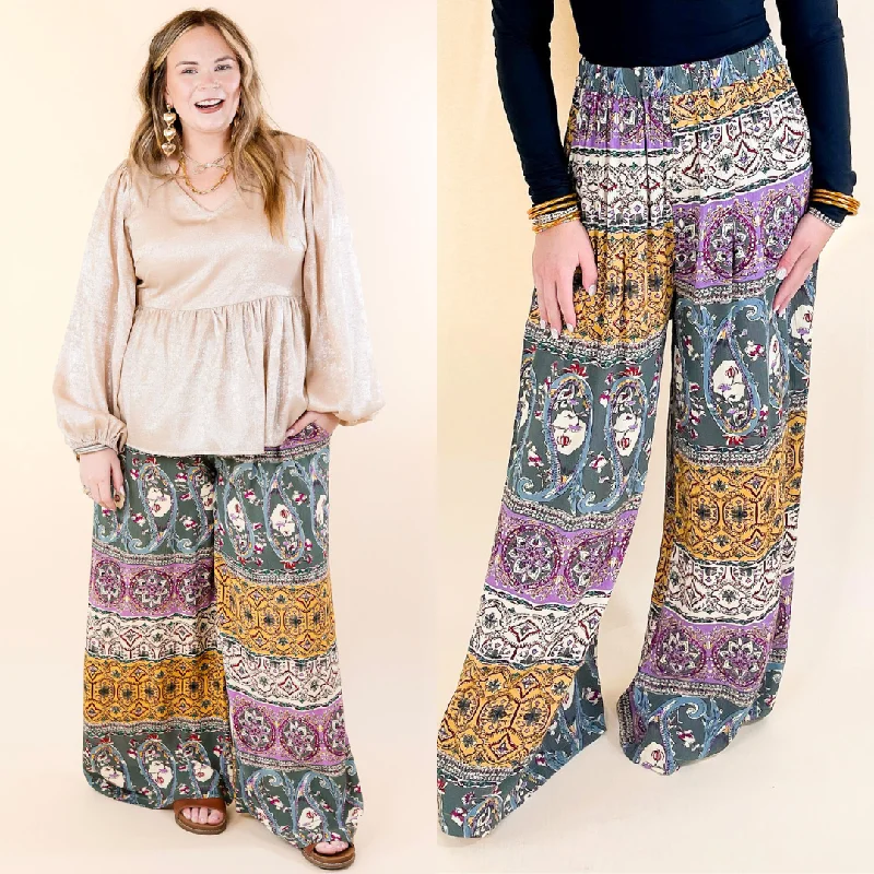 Slight Change Elastic Waist Floral Print Wide Leg Pants in Green Mix