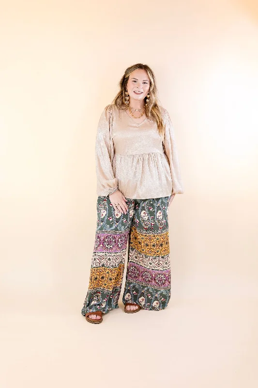 Slight Change Elastic Waist Floral Print Wide Leg Pants in Green Mix