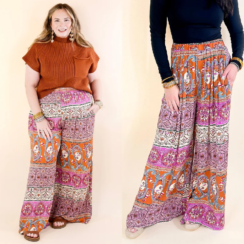 Slight Change Elastic Waist Floral Print Wide Leg Pants in Rust Orange Mix