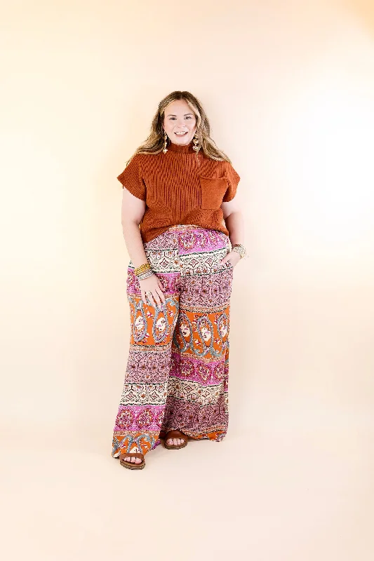 Slight Change Elastic Waist Floral Print Wide Leg Pants in Rust Orange Mix