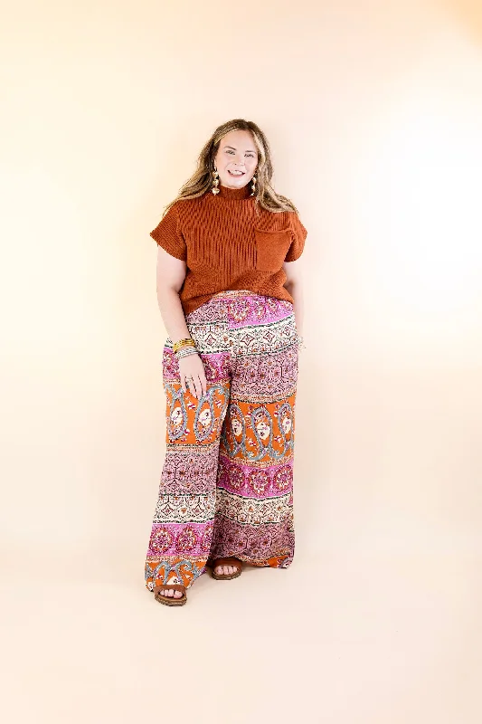 Slight Change Elastic Waist Floral Print Wide Leg Pants in Rust Orange Mix