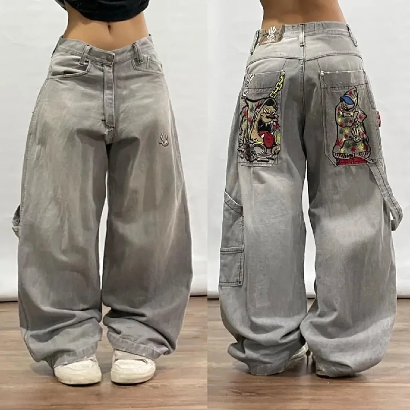 Getadme Street Hip Hop Retro Y2k Fashion Casual Loose Big Pocket Jeans Harajuku High Waist Straight Leg Wide Leg Trousers Baggy Pants