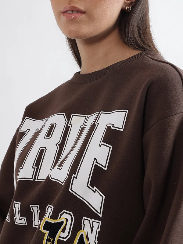 True Religion Women Brown Printed Round Neck Sweatshirt